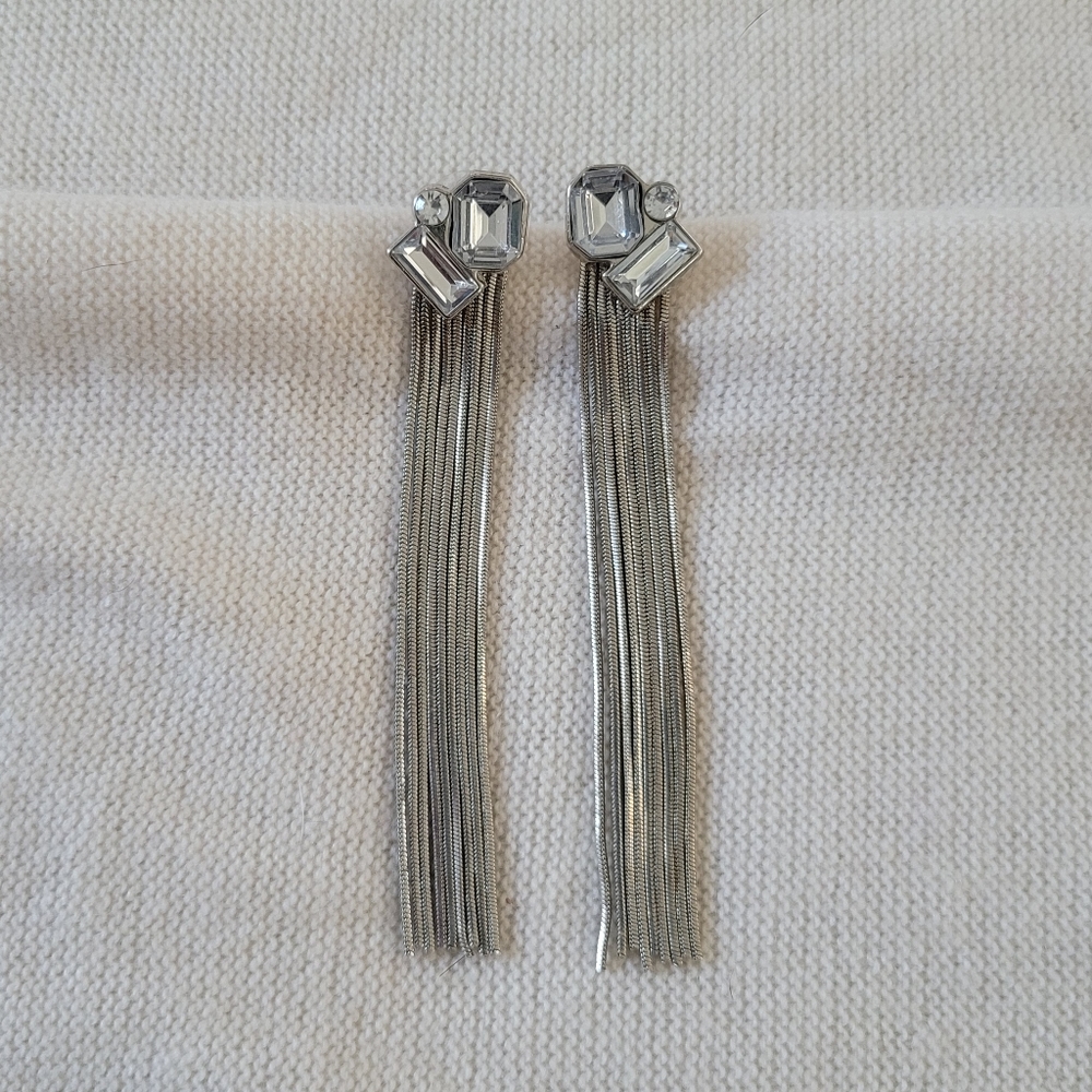 Long Tassel Drop Earrings Silver and Rhinestone
